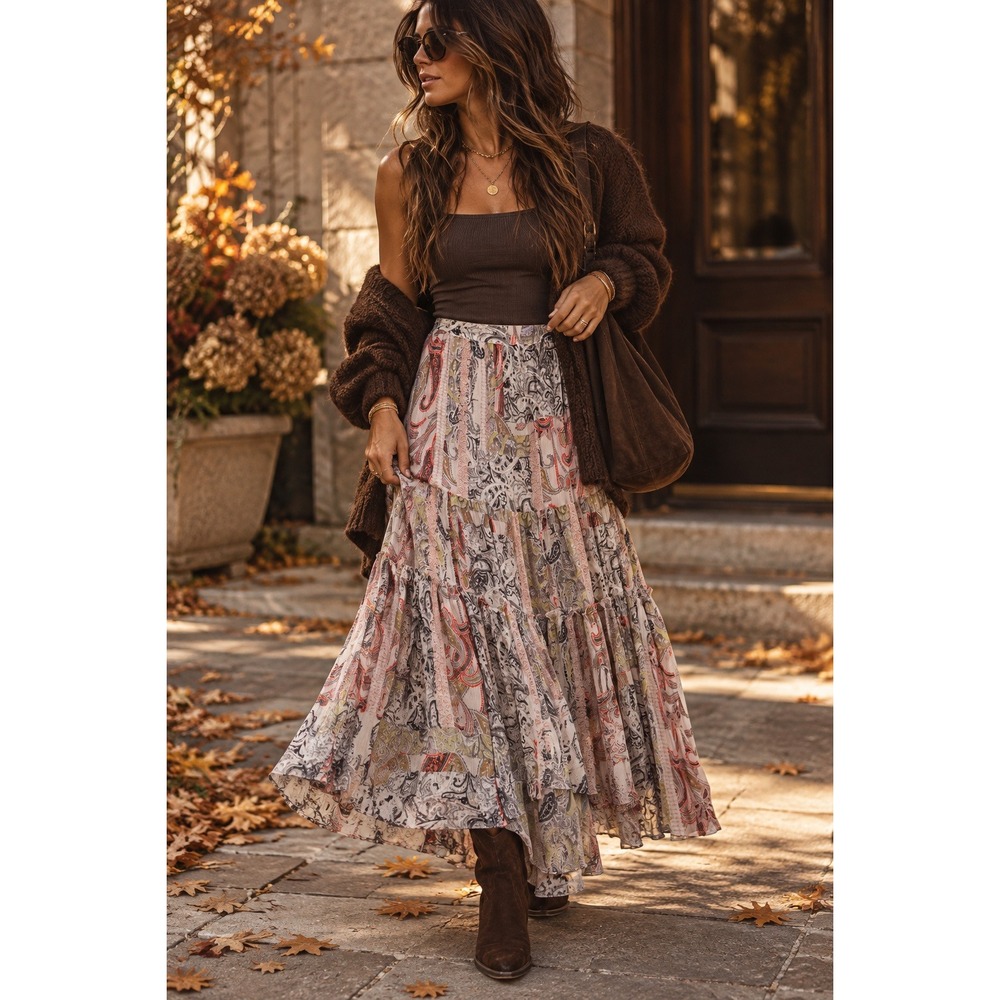 AllSaints Gabi Makutu Maxi Skirt Paisley Tiered High Low Boho US 4 Whimsigoth